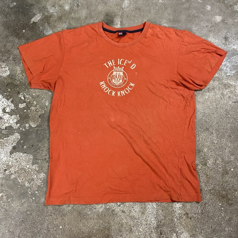 Vintage Diesel T-Shirt Size XL Orange Short Sleeve The Ice Of D Knock Knock Logo